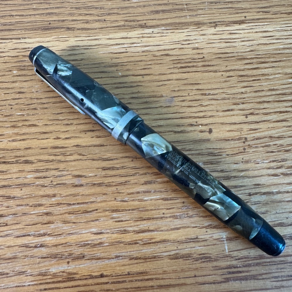 Vintage Parker‎ Challenger Fountain Pen Green Marble Celluloid Button Filler USA